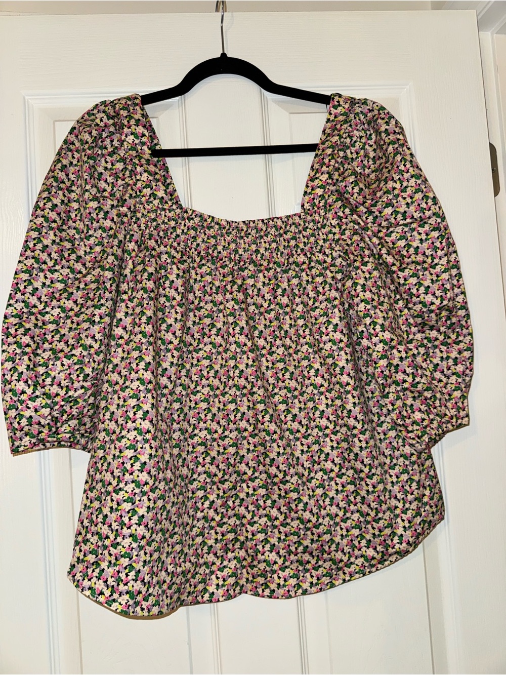 H&M Pink Multi Floral Square-Neck Puff Sleeve Top